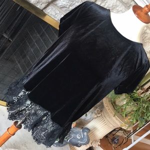 Black velvet peplum top with lace trim